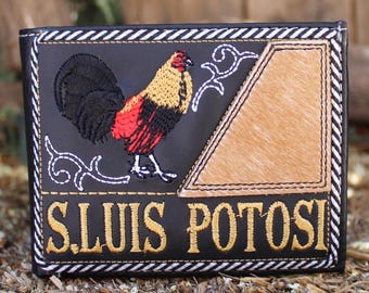 SAN LUIS POTOSI Mexico rooster Gallo embroidered leather bi fold wallet