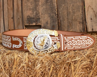 Mens WESTERN LEATHER horse shoe RODEO embroidered leather belt and buckle