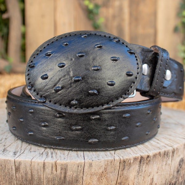 Mens Black Faux OSTRICH LEATHER WESTERN buckle cowboy rodeo belt Avestruz grabado