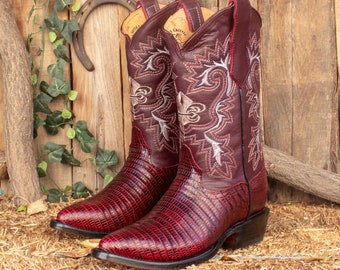 Mens burgundy LIZARD Teju LEATHER Cowboy western boots Botas