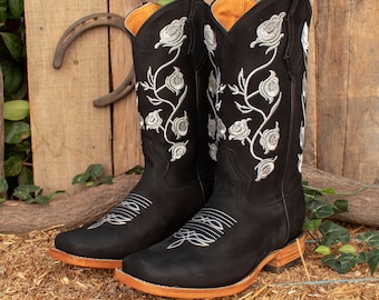 DAMSKIE kowbojskie buty z kwadratowym noskiem, skórzane, haftowane różami, BUTY kowbojskie COWGIRL
