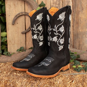 WOMENS COWGIRL cowboy square toe leather Rose embroidered BOOTS