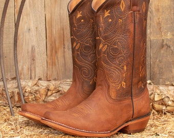 WOMENS COWGIRL cowboy square toe Rustic leather western embroidered BOOTS