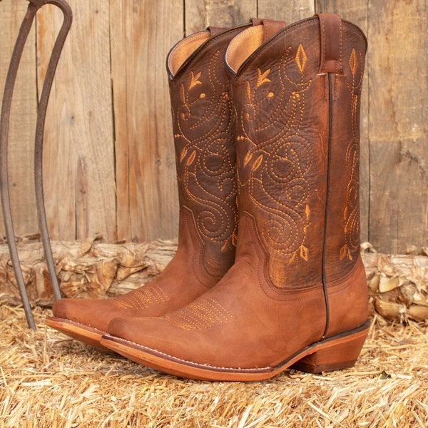 WOMENS COWGIRL cowboy square toe Rustic leather western embroidered BOOTS