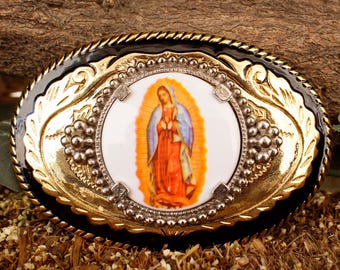 OUR LADY of GUADALUPE Virgen de Guadalupe metal engraved western belt buckle