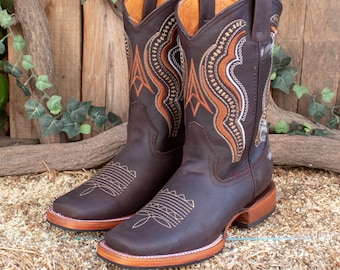 Stivali da cowboy western rodeo con punta quadrata in vera pelle marrone scuro da uomo
