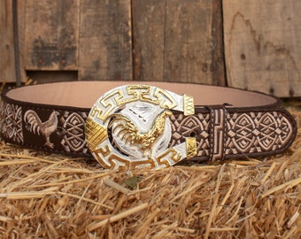 Mens WESTERN LEATHER ROOSTER gallo embroidered leather belt and buckle