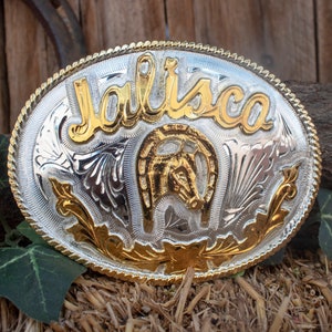 JALISCO MARIACHI HORSE Engraved cowboy western Horseshoe alpaca belt buckle