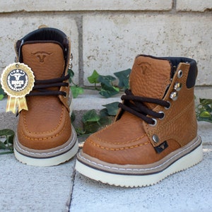Children&#39;s Genuine LEATHER unisex winter toddler CONSTRUCTION style ankle BOOTS