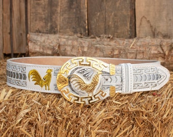 Mens WESTERN LEATHER ROOSTER gallo embroidered leather belt and buckle