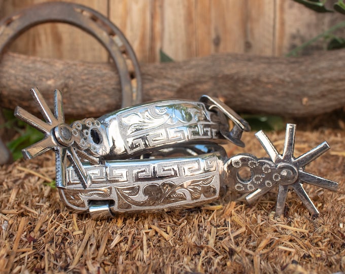 COWBOY Cowgirl engraved Horseback riding STEEL SPURS Mexican espuelas acero charras