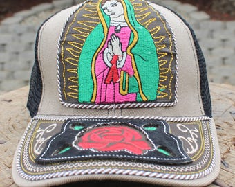 WOMENS Mens Our Lady of GUADALUPE Virgin Mary red rose embroidered adjustable hat cap with cow hair
