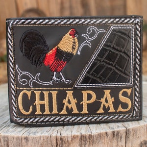 CHIAPAS Mexico ROOSTER gallo cockfighting Western EMBROIDERED leather bi fold wallet