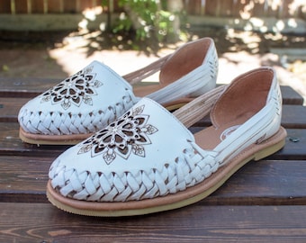 WOMENS MEXICAN SANDALS white leather handmade shoe huarache