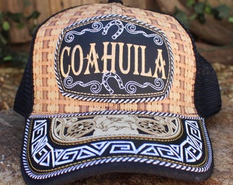 COAHUILA MEXICO horse caballo leather stamped EMBROIDERED Hat trucker mesh cap