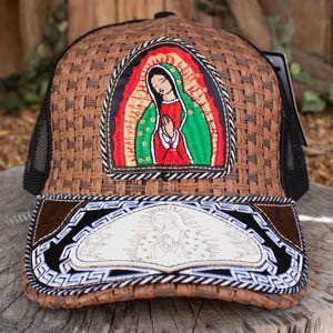 MENS Womens unisex VIRGEN de GUADALUPE Virgin Mary embroidered leather stamped adjustable trucker hat cap