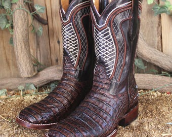 MENS brown faux Crocodile Alligator print LEATHER COWBOY wide square toe boots