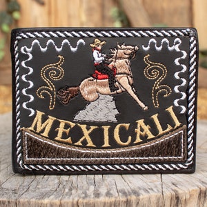 MEXICALI Baja California, Mexique, Portefeuille à deux volets en cuir brodé Jinete, CHARRO Western en cuir occidental