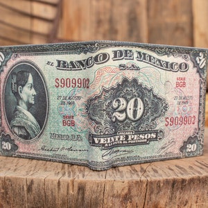 Portefeuille mexicain à deux volets en CUIR imprimé laser, billet MEXICO 20 PESOS
