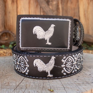 MENS WESTERN LEATHER Rooster Gallo black & silver color embroidered leather belt