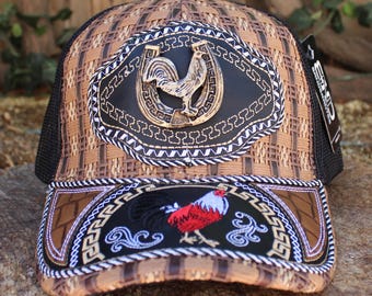ROOSTER Gallo cockfighting metal plaque western EMBROIDERED HAT adjustable trucker cap