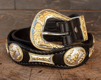 Mens LEATHER CONCHO WESTERN cowboy rodeo black belt