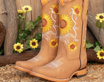 WOMENS COWGIRL cowboy square toe leather sunflower embroidered BOOTS