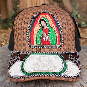 MENS Womens unisex VIRGEN de GUADALUPE Virgin Mary embroidered leather stamped adjustable trucker hat cap
