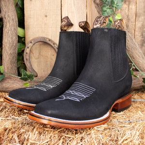 MENS LEATHER COWBOY nobuck rodeo square toe half boots botines