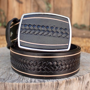 Mens black HANDTOOLED LEATHER western cowboy belt cinto with matching BUCKLE