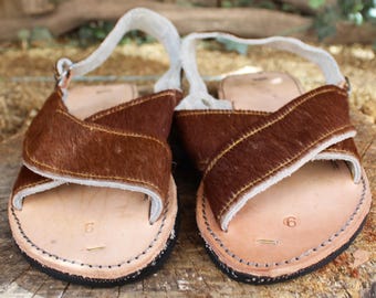 MENS LEATHER 2 STRAP  brown cow hair mexican sandals with tire sole cruzado Size 10