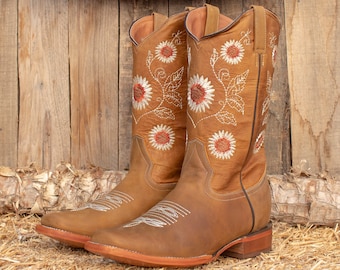 WOMENS COWGIRL cowboy square toe leather sunflower embroidered BOOTS