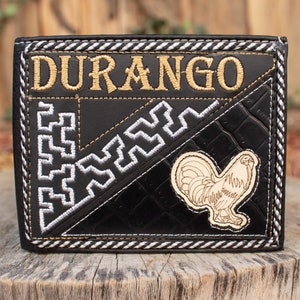 Portefeuille à deux volets en cuir charro DURANGO Mexico WESTERN Rooster estampé