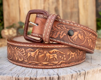 Womens Mens Unisex HORSE LEATHER STAMPED Western cowgirl cowboy leather belt cinto Caballo