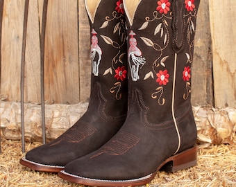 WOMENS COWGIRL cowboy square toe suede leather western embroidered charra BOOTS Size 8