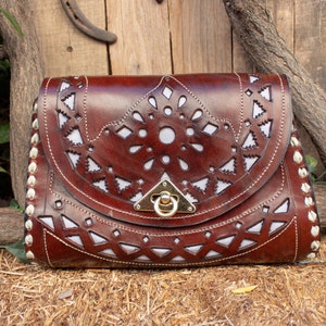 WOMENS HAND TOOLED brown top grain leather tote bag purse