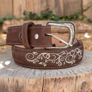 WOMENS BROWN EMBROIDERED Western cowgirl cowboy leather belt cinto