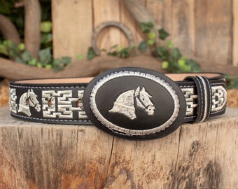 CHILDRENS boys toddler youth WESTERN Horse EMBROIDERED Charro cowboy leather belt