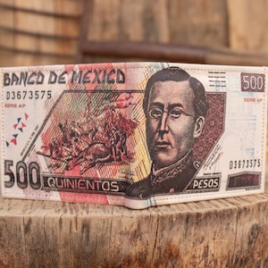 Billete de 500 PESOS MÉXICO Cartera de piel mexicana con impresión láser de dos hojas