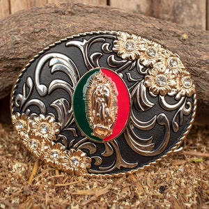 VIERGE MARIE Boucle de ceinture western Virgen de Guadalupe en métal gravé