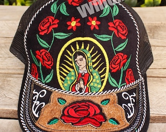 Czapka regulowana męska i damska VIRGEN de GUADALUPE z haftem Matki Bożej z Guadalupe i brązowym naszywką z sierści krowiej