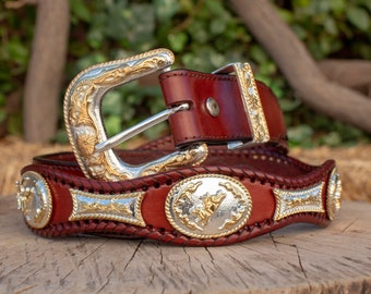 Mens LEATHER CONCHO WESTERN cowboy rodeo belt cinto vaquero fino