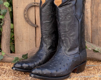 MENS black faux OSTRICH print LEATHER Cowboy wide square toe boots
