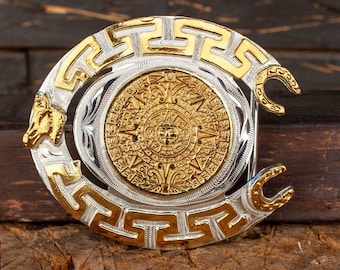 HORSESHOE AZTEC CALENDAR cowboy western belt buckle