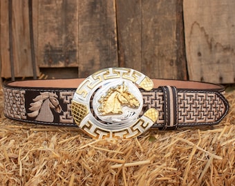 Mens WESTERN LEATHER horse shoe CABALLO embroidered leather belt