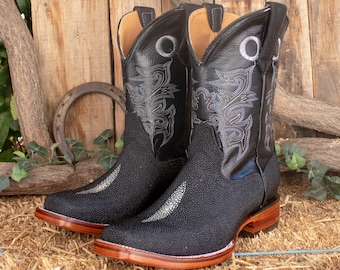 MENS black faux MANTARAY Leather Square toe cowboy western rodeo boots Mantarraya botas