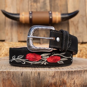 WOMENS ROSE EMBROIDERED Black western cowgirl cowboy leather belt