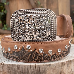 Mujer CUERO HERRAMIENTAS A MANO Diamantes de imitación Vaquero occidental cinturón y hebilla