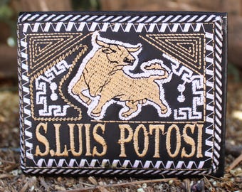 SAN LUIS POTOSI Mexico bull toro embroidered leather bi fold wallet