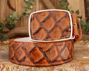 Mens Honey Brown faux PIRARUCU FISH pescado PRINTED western cowboy rodeo belt